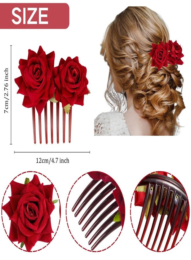 ASTRYAS 4 Pieces Red Rose Flower Hair Clip Bridal Hair Pins Rose Brooch Mexican Flower Hair Accessories for Party Wedding Flamenco Dancer, Christmas Gift for Women - Image 2